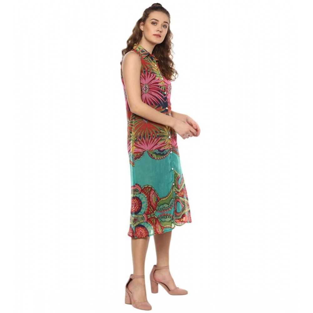 Generic Women's Polyester Floral Sleeveless Below Knee Dress (Multicolor) - Image 4