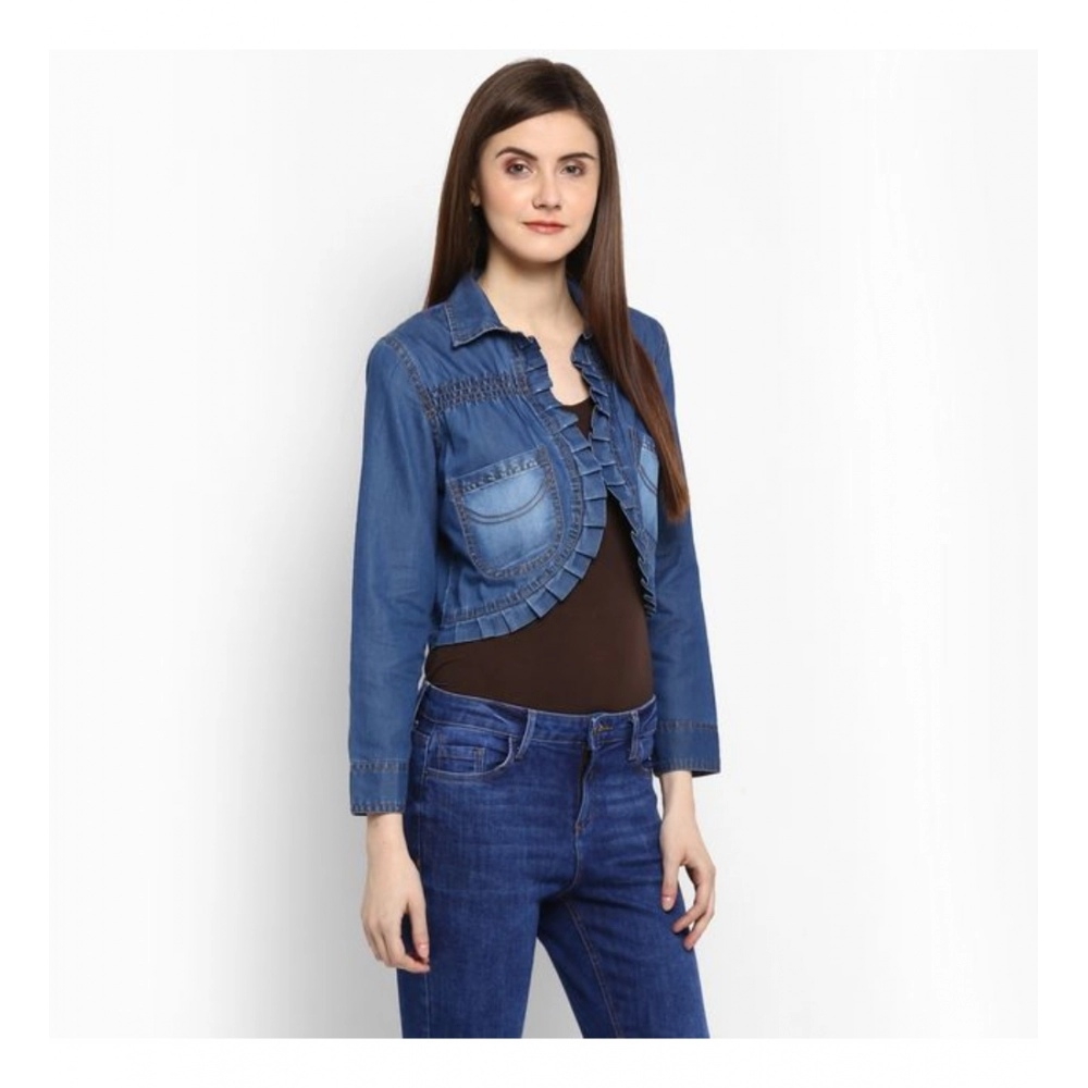 Generic Women's Denim Pleated 3-4th Sleeves Shrug (Blue) - Image 4