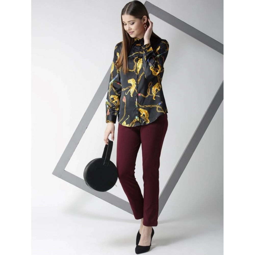 Generic Women's Satin Printed Long Sleeves Standard Length Shirt (Black - Gold) - Image 5