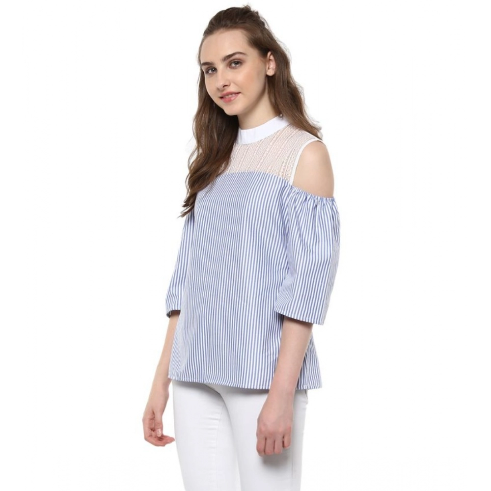 Generic Women's Cotton Striped Cold Shoulder Top (Blue) - Image 3