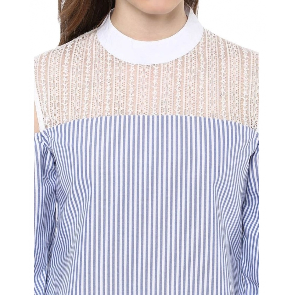 Generic Women's Cotton Striped Cold Shoulder Top (Blue) - Image 2