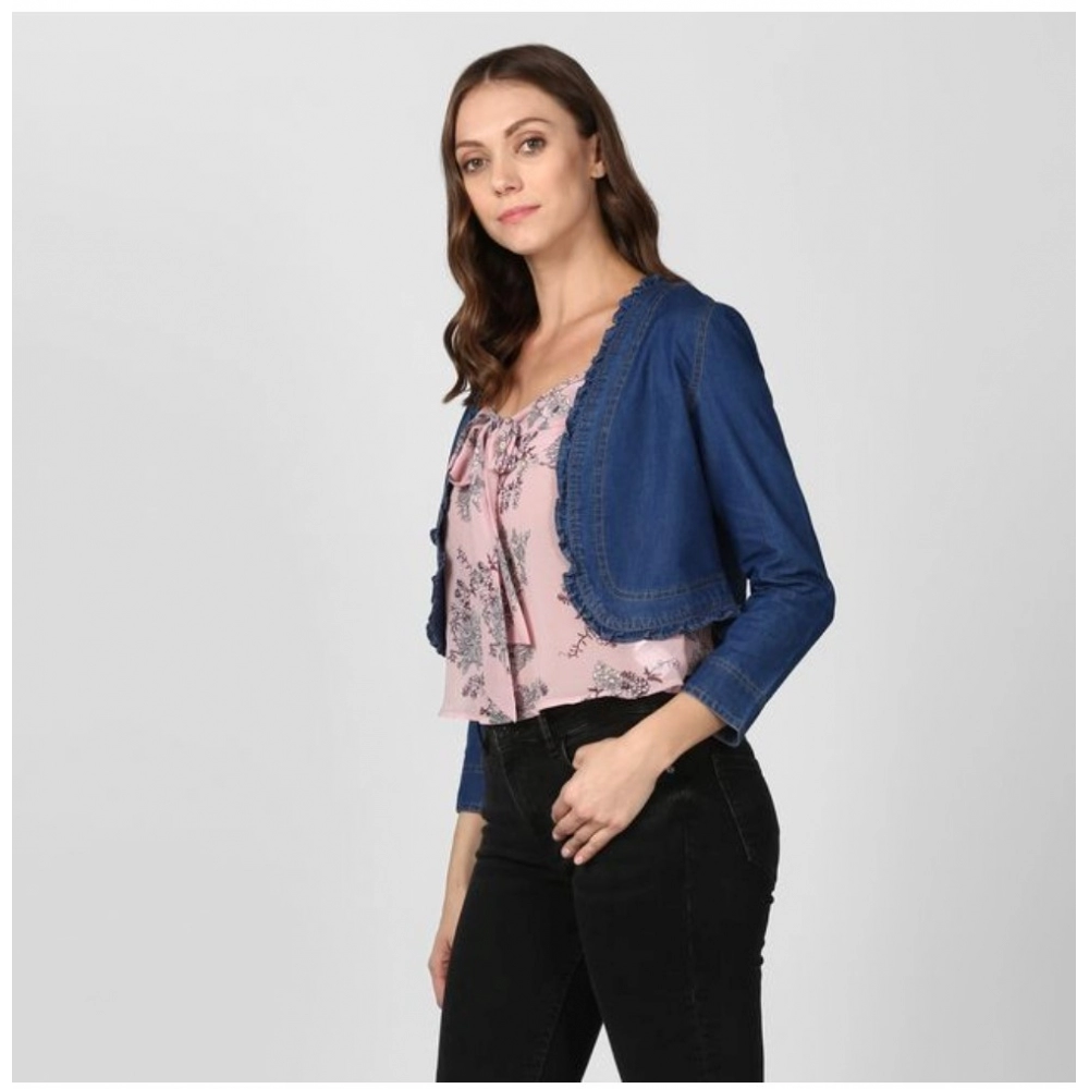 Generic Women's Denim Ruffled Long Sleeves Shrug (Navy Blue) - Image 3