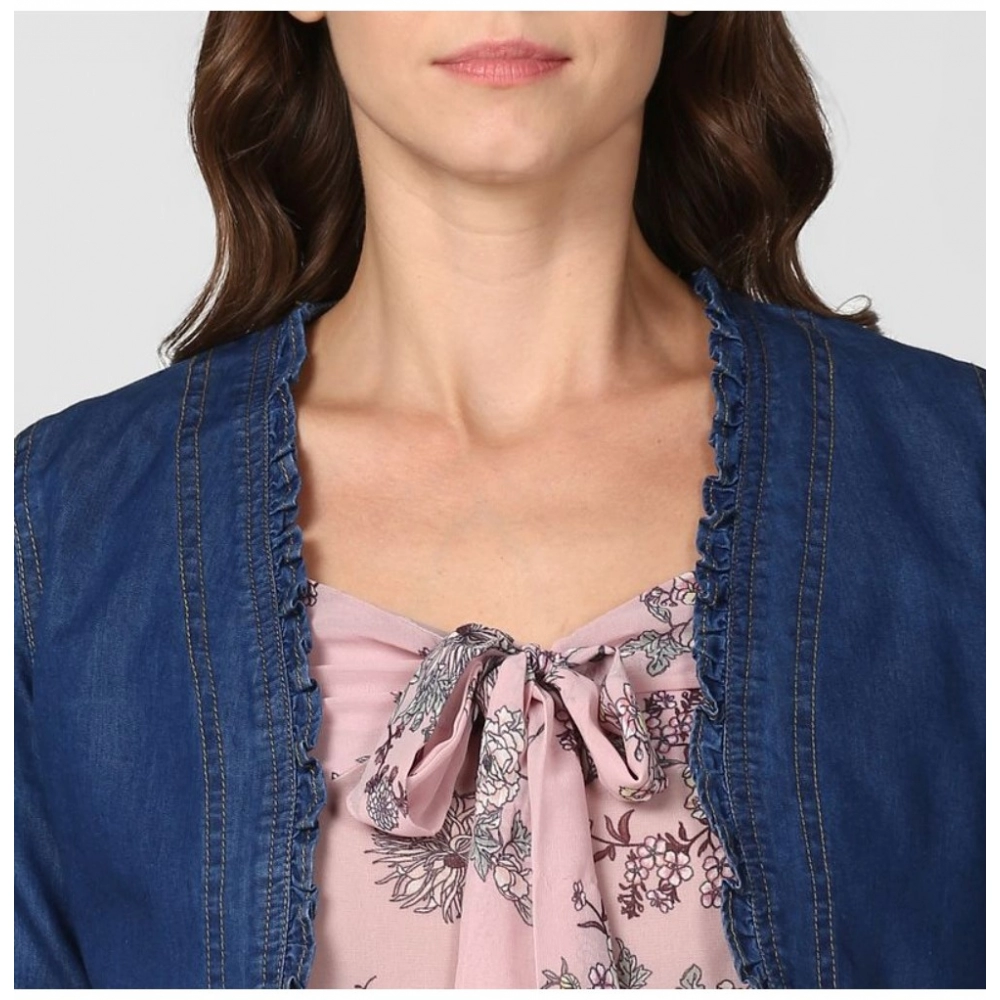 Generic Women's Denim Ruffled Long Sleeves Shrug (Navy Blue) - Image 2