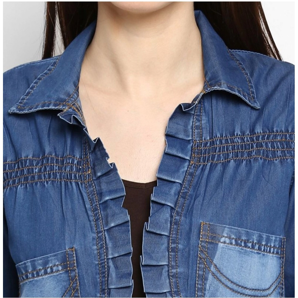 Generic Women's Denim Pleated 3-4th Sleeves Shrug (Blue) - Image 2