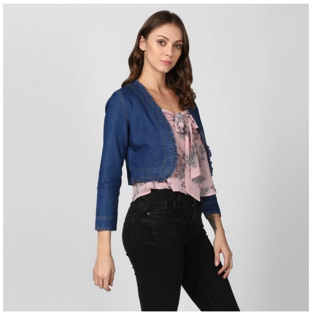 Generic Women's Denim Ruffled Long Sleeves Shrug (Navy Blue) - Image 4