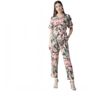 Generic Women's Polyester Floral Half Sleeve Jumpsuit (Pink)