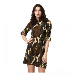 Generic Women's Polyester Printed Roll Up Sleeve Tunic Top (Green - Black)