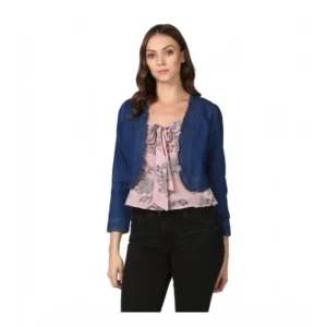 Generic Women's Denim Ruffled Long Sleeves Shrug (Navy Blue)