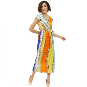 Generic Women's Satin Chain Print Cap Sleeve Calf-length Dress (Multicolor)