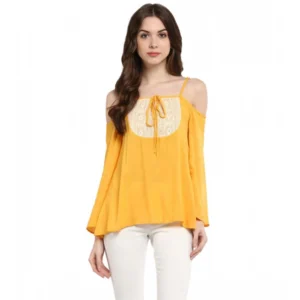 Generic Women's Rayon Embellished Cold Shoulder Regular Top (Mustard Yellow)