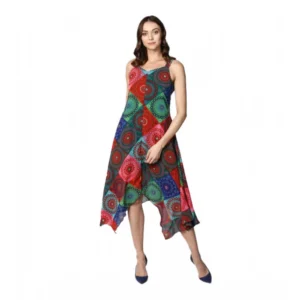 Generic Women's Polyester Asymmetrical Shoulder Straps Knee-Length Dress (Multicolor)