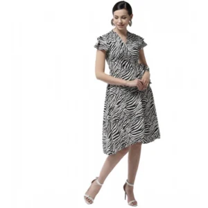 Generic Women's Polyester Animal Print Short Sleeve Knee-Length Dress (Black - White)