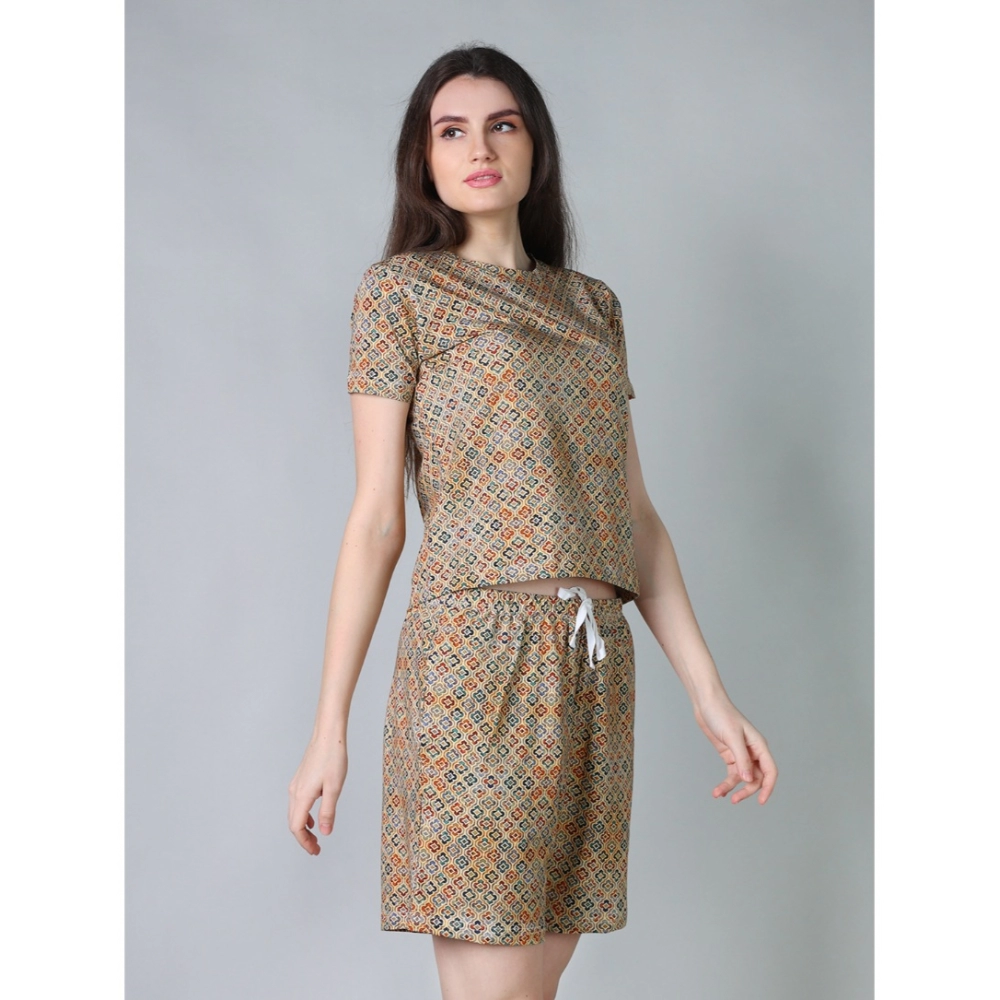 Generic Women's Cotton Blended Printed Round Neck Half Sleeve Top - Shorts Set (Beige) - Image 3