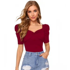 Generic Women's Polyester Solid Puff Short Sleeves Sweetheart Neck Top (Maroon)