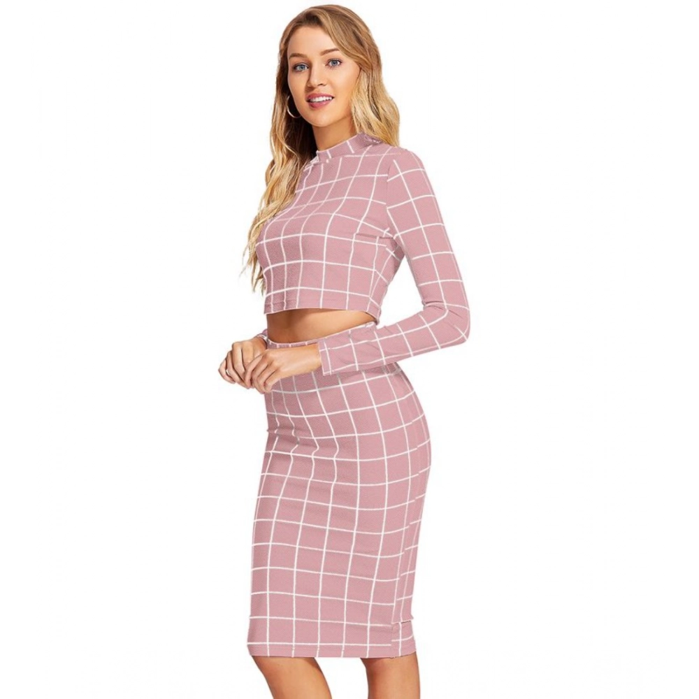 Generic Women's Polyester Checkered Full Sleeves Stand Collar Crop Top Skirt Set (Pink) - Image 4
