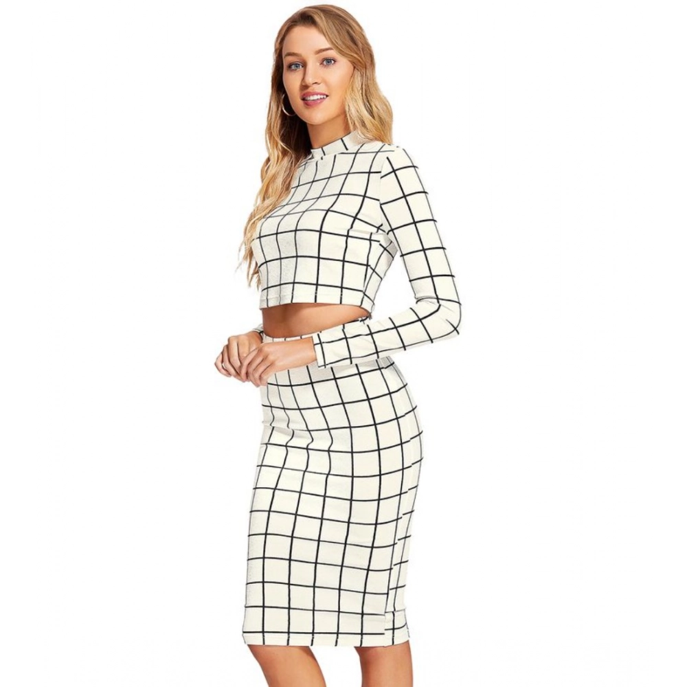 Generic Women's Polyester Checkered Full Sleeves Stand Collar Crop Top Skirt Set (White) - Image 2
