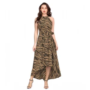 Generic Women's Polyester Zebra Pattern Halter Neck Sleeveless Dress (Yellow)
