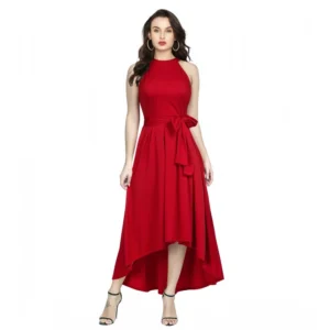 Generic Women's Polyster Solid Halter Neck Sleeveless Dress (Red)