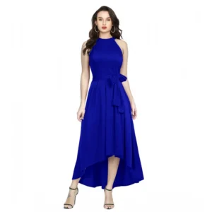 Generic Women's Polyster Solid Halter Neck Sleeveless Dress (Royal Blue)