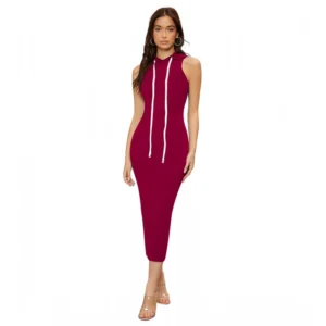 Generic Women's Knitting stretchable Solid Round Neck Sleeveless Dress (Maroon)