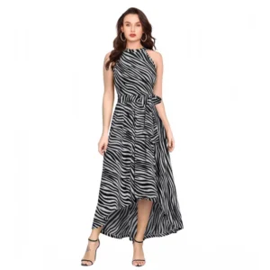 Generic Women's Polyester Zebra Pattern Halter Neck Sleeveless Dress (Navy Blue)