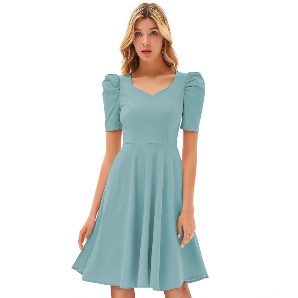 Generic Women's Knitting stretchable Solid V Neck Cap Sleeve Dress (Pista)