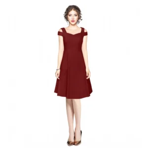 Generic Women's Polyester Solid V Neck Cap Sleeve off Shoulder Dress (Maroon)