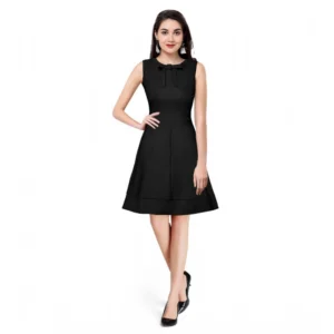 Generic Women's Polyester Solid Round Neck Sleeveless Dress (Black)