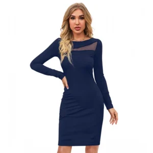 Generic Women's Knitting stretchable Solid Round Neck Full Sleeve Dress (Blue )