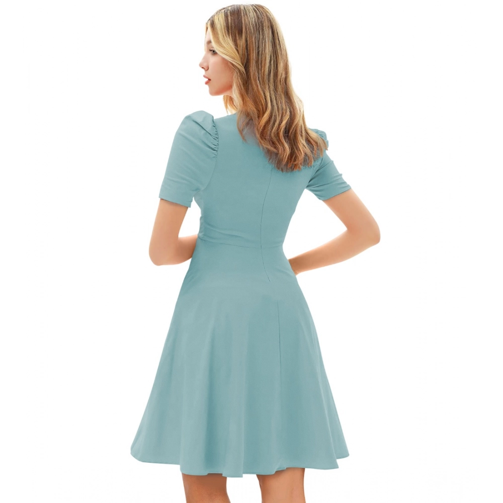 Generic Women's Knitting stretchable Solid V Neck Cap Sleeve Dress (Pista) - Image 5