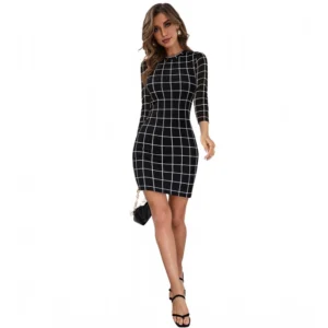Generic Women's Polyester Solid High Neck Full Sleeve Dress (Black)
