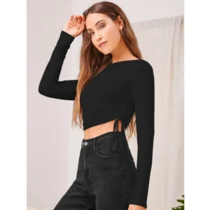 Generic Women's Polyester Solid Round Neck Full Sleeve Top (Black)