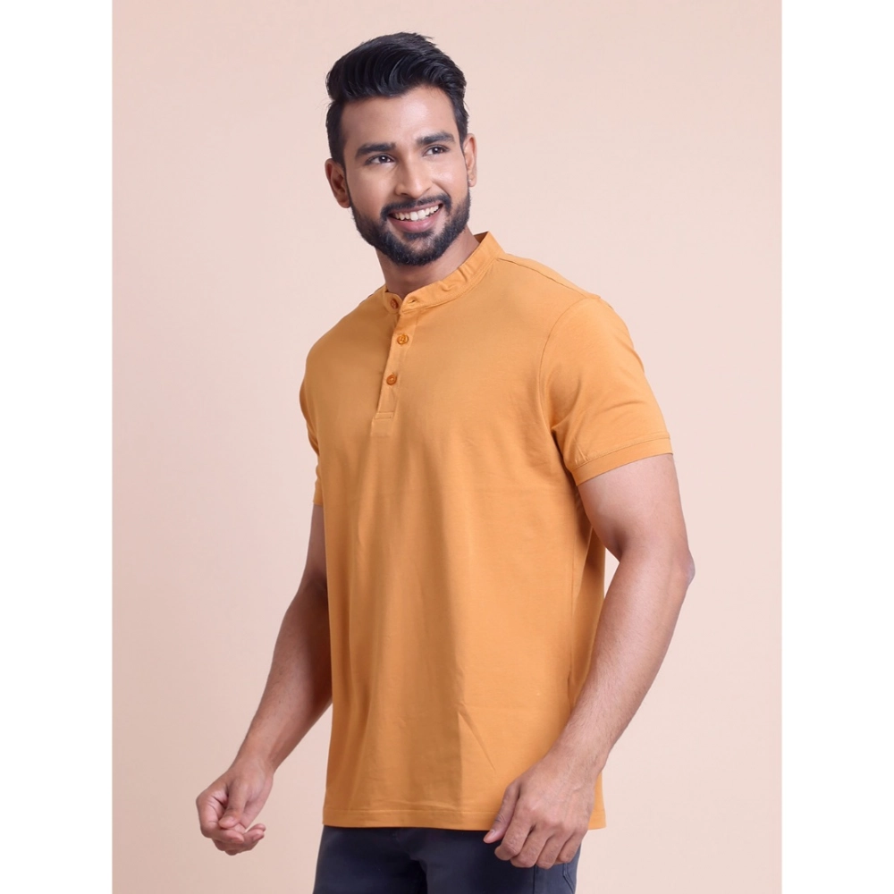 Generic Men's Casual Cotton Solid Half Sleeve Mandarin Collar T-Shirt (Brown) - Image 3