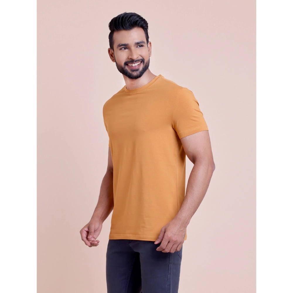 Generic Men's Casual Cotton Solid Half Sleeve Round Neck T-Shirt (Brown) - Image 5