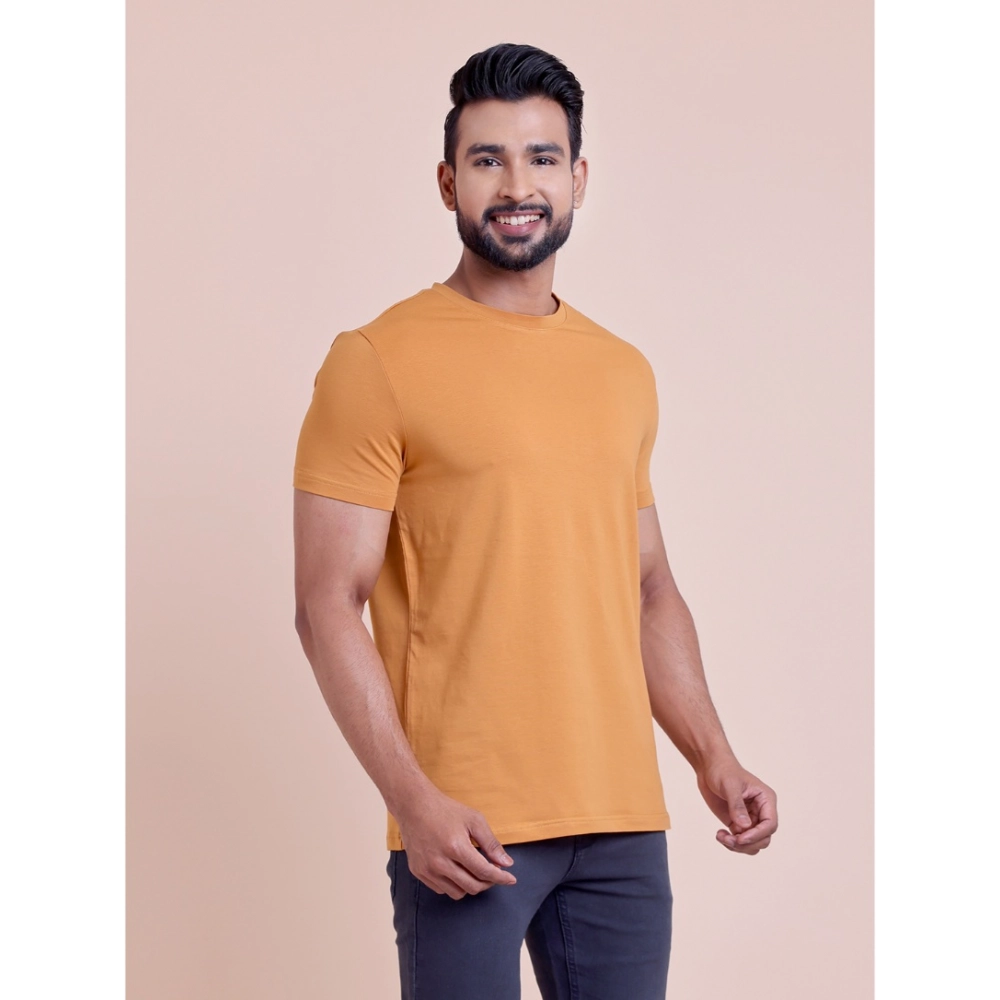 Generic Men's Casual Cotton Solid Half Sleeve Round Neck T-Shirt (Brown) - Image 4