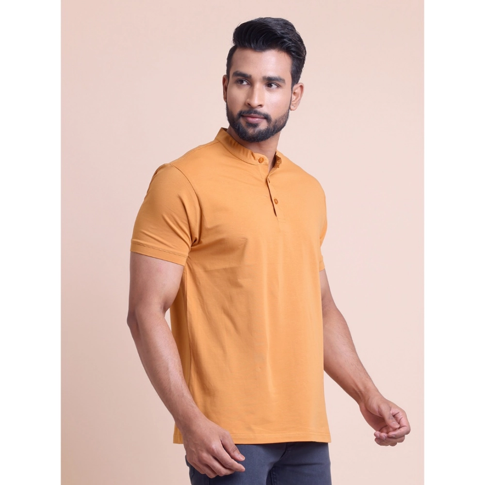 Generic Men's Casual Cotton Solid Half Sleeve Mandarin Collar T-Shirt (Brown) - Image 4