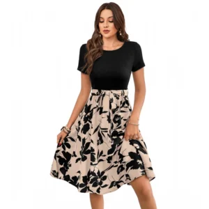 Generic Women's Knitting Printed Round Neck Short Sleeve Dress (Cream)