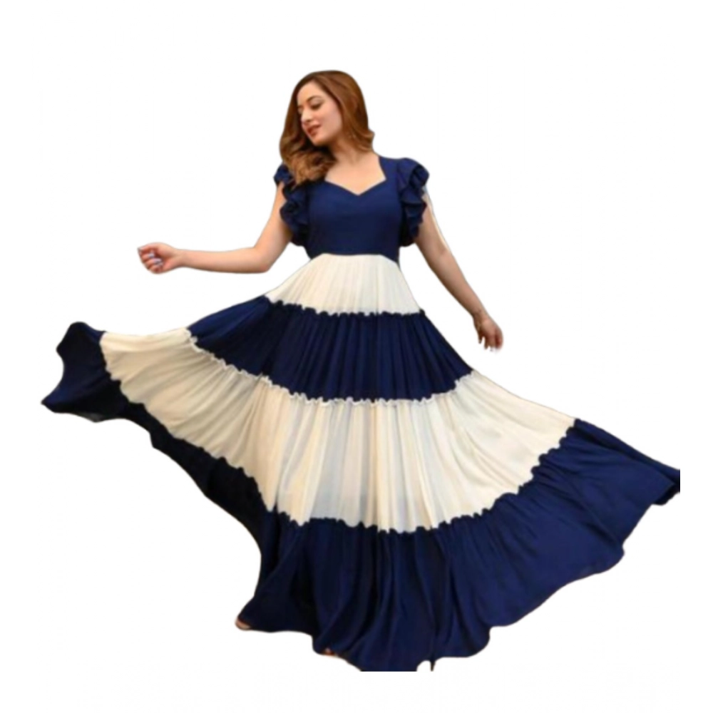 Generic Women's Georgette Solid Half Sleeve Gown (Blue-White) - Image 3