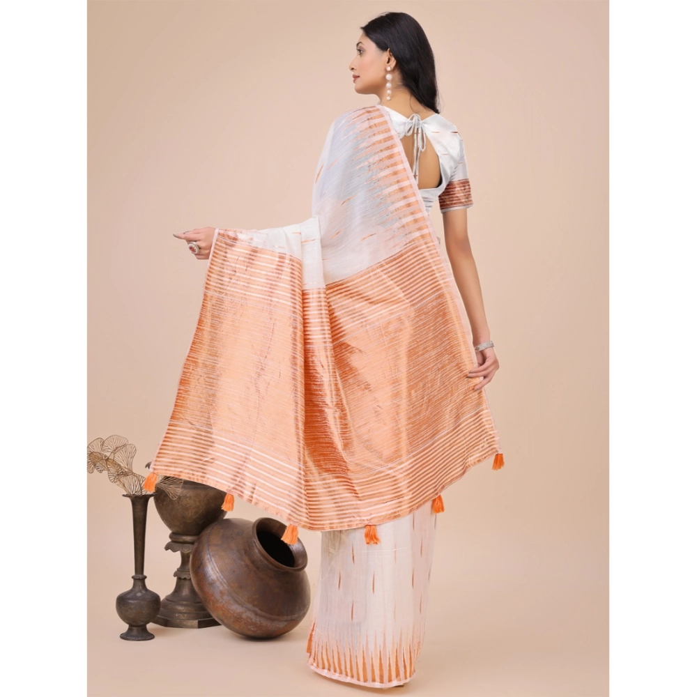 Generic Women's Linen Cotton Printed Saree With Unstitched Blouse 5.5Mtr (White) - Image 3