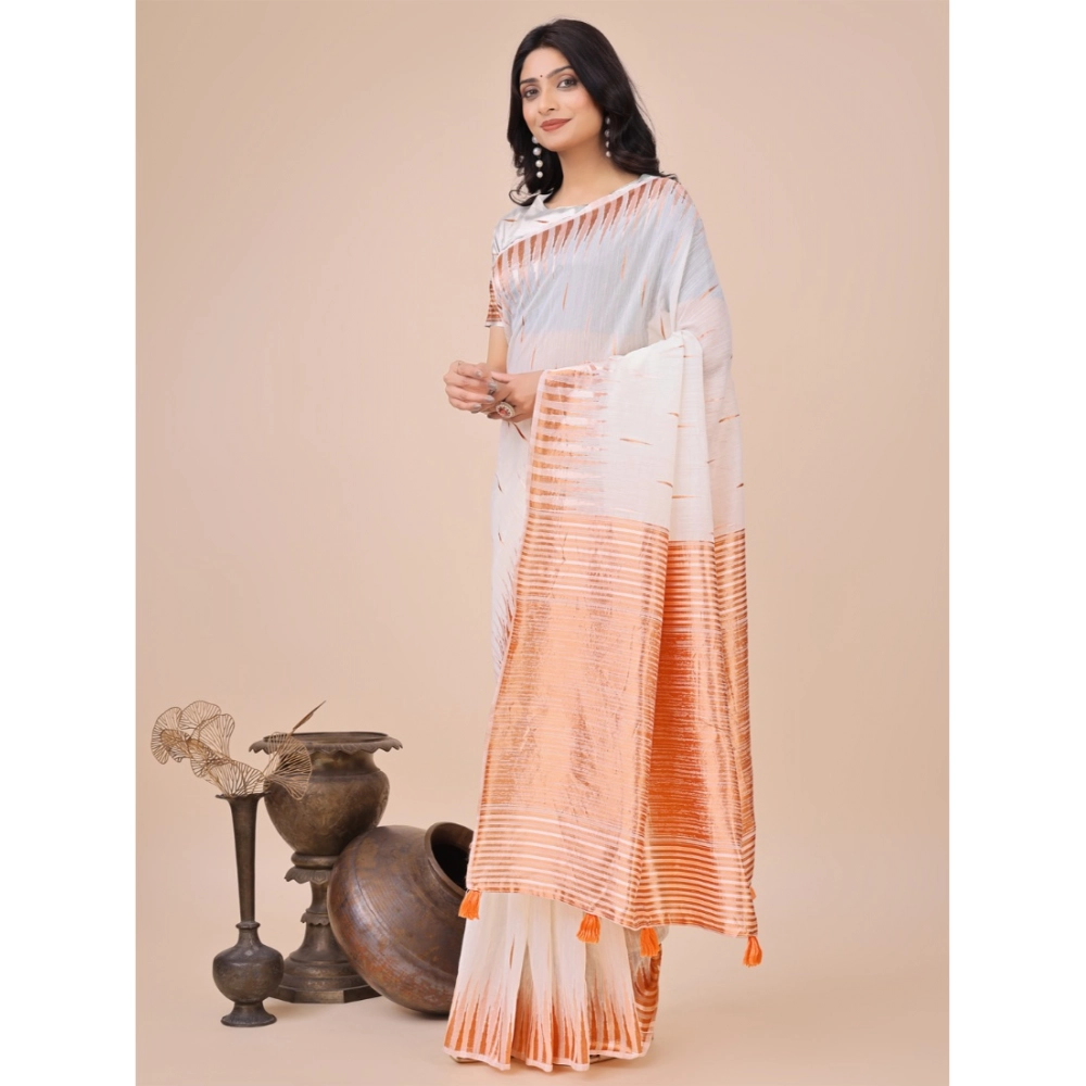 Generic Women's Linen Cotton Printed Saree With Unstitched Blouse 5.5Mtr (White) - Image 2