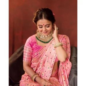 Generic Women's Soft Lichi Silk Printed Saree With Unstitched Blouse 5.5Mtr (Pink)