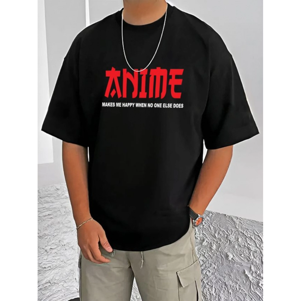 Generic Men's Casual Cotton Blend Printed Round Neck Half Sleeve T-Shirt (Black)