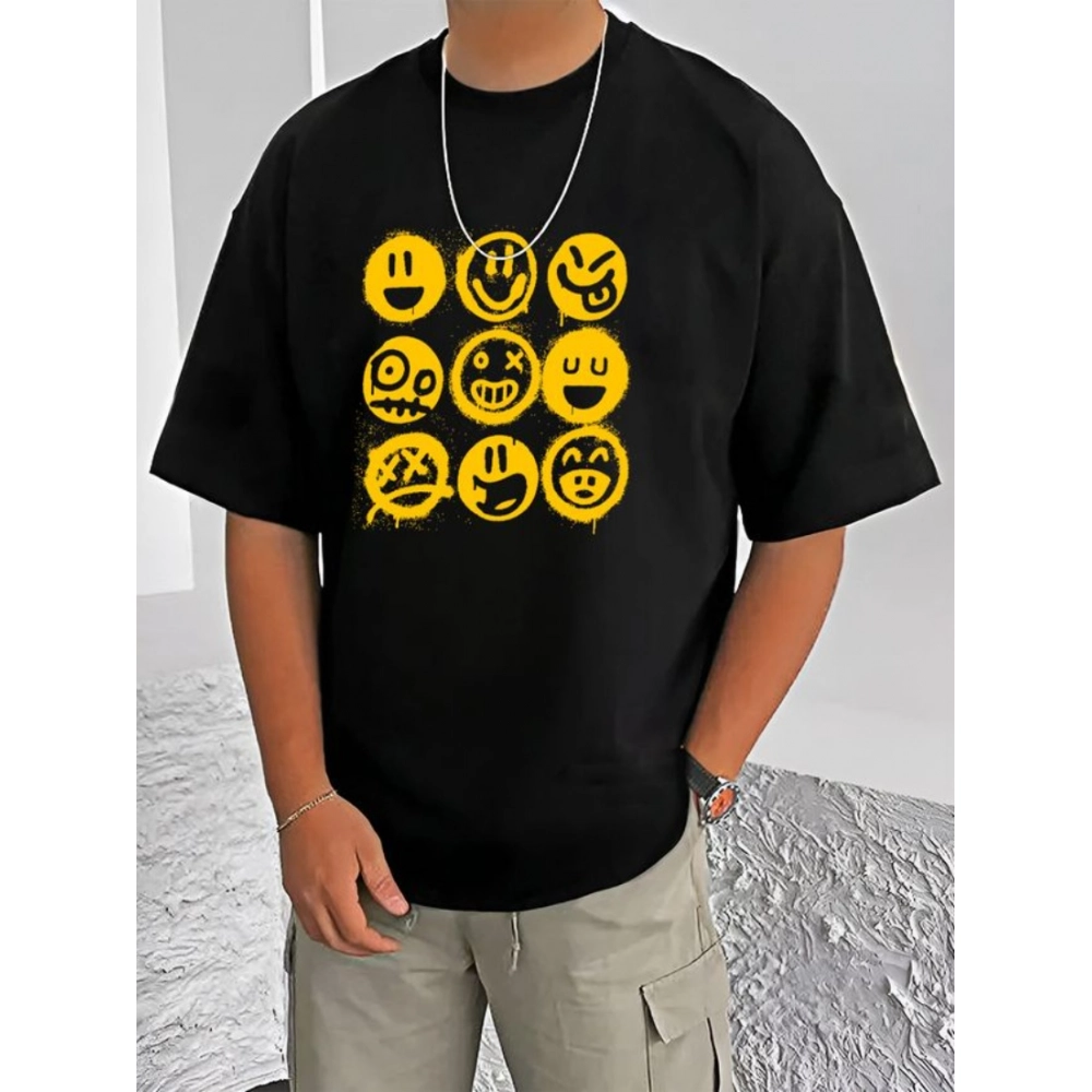 Generic Men's Casual Cotton Blend Printed Round Neck Half Sleeve T-Shirt (Black)