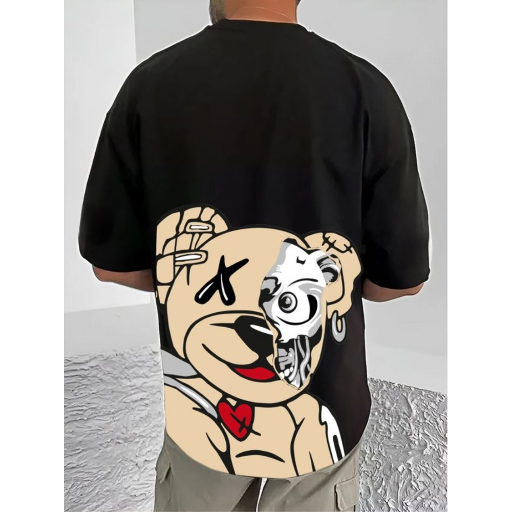 Generic Men's Casual Cotton Blend Printed Round Neck Half Sleeve T-Shirt (Black)