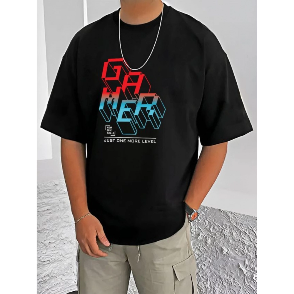 Generic Men's Casual Cotton Blend Printed Round Neck Half Sleeve T-Shirt (Black)