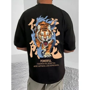 Generic Men's Casual Cotton Blend Printed Round Neck Half Sleeve T-Shirt (Black)