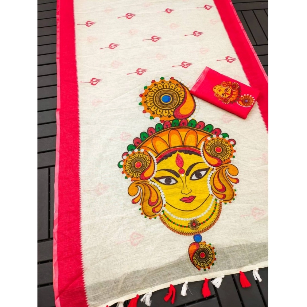 Generic Women's linen Digital Print Saree With Unstitched Blouse 5.5Mtr (White)
