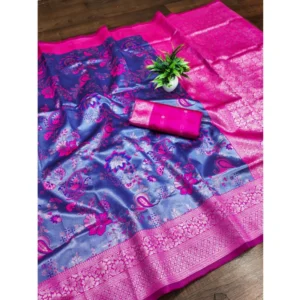 Generic Women's Banarasi Jacquard Printed Saree With Unstitched Blouse 5.5Mtr (Navy Blue)