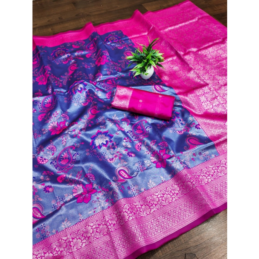 Generic Women's Banarasi Jacquard Printed Saree With Unstitched Blouse 5.5Mtr (Navy Blue)