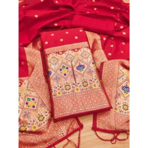 Generic Women's Banarasi Silk Printed Unstitched Salwar Suit Material With Dupatta (Red, 3Mtrs)